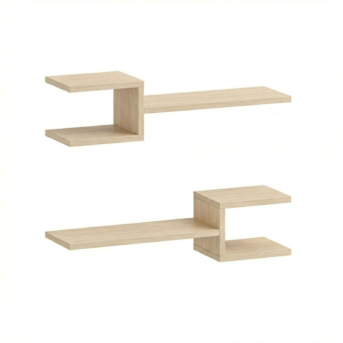 Light oak floating shelf set with open rectangular ledges and cube-style supports
