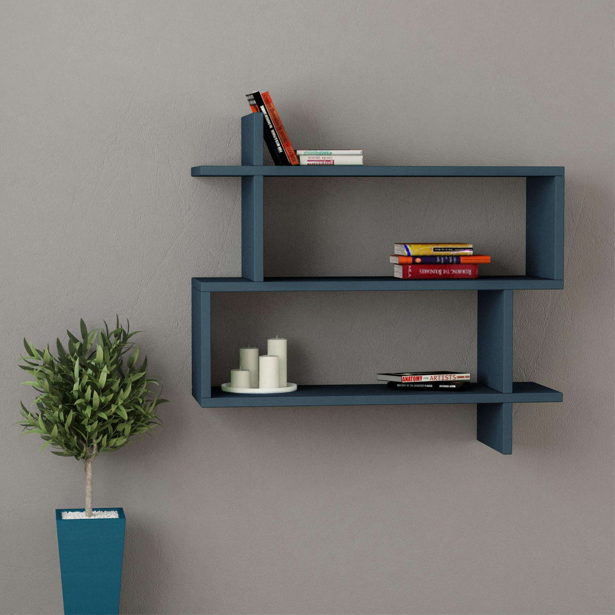 Blue 2-tier wall-mounted bookcase with open shelves and side support post
