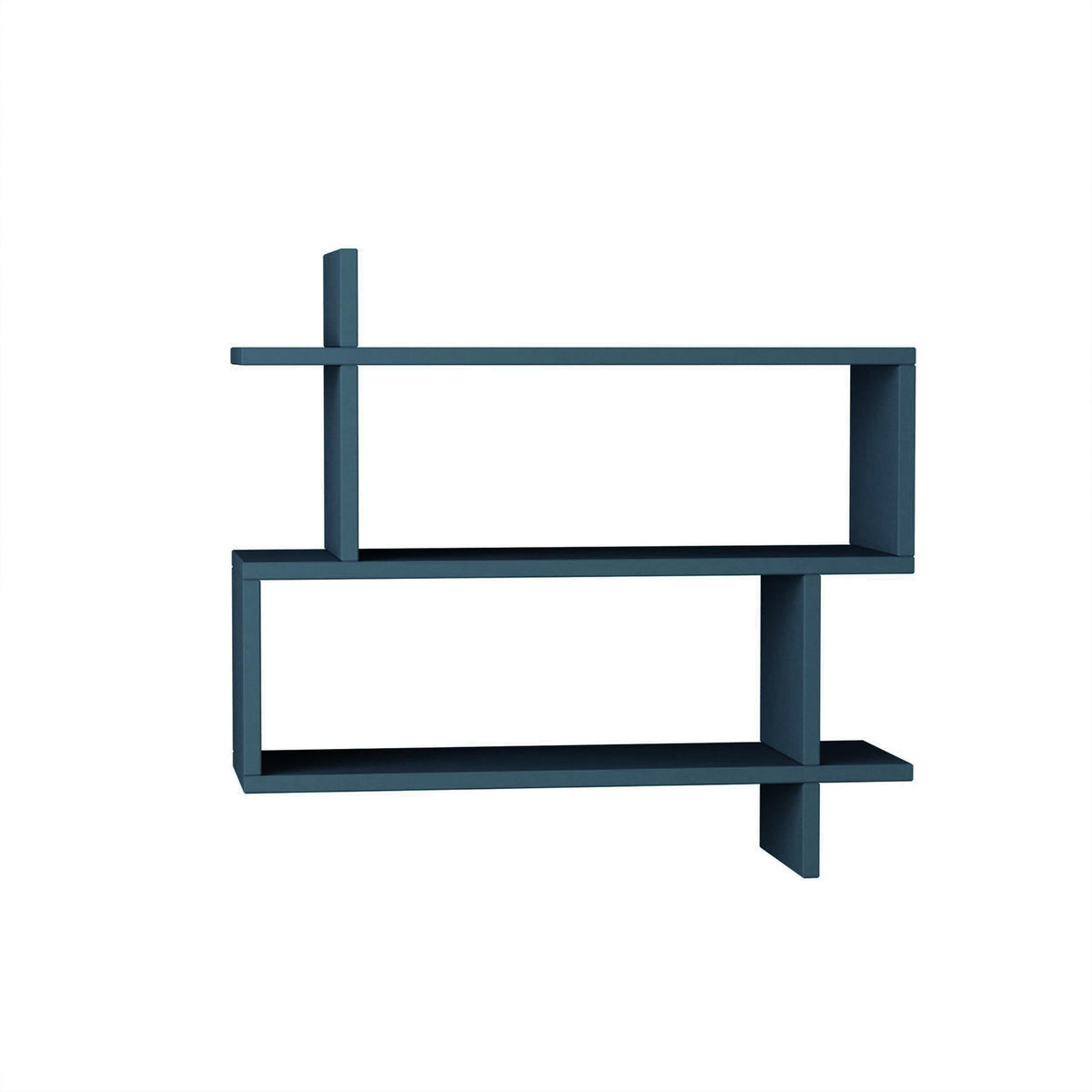 Turquoise wall-mounted bookcase with two open shelves and a vertical divider