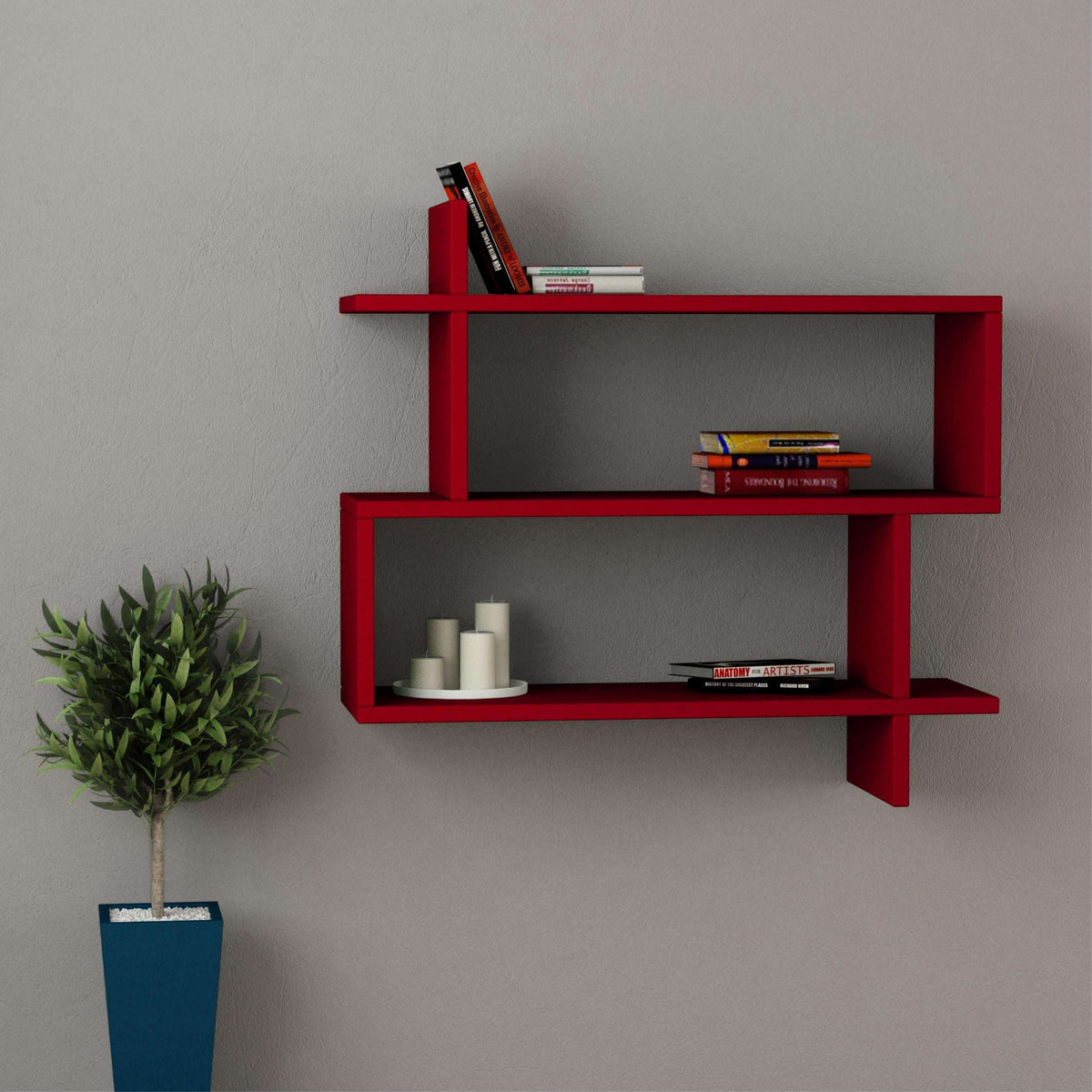 Red 2-tier wall-mounted bookcase with open shelves and vertical support frame