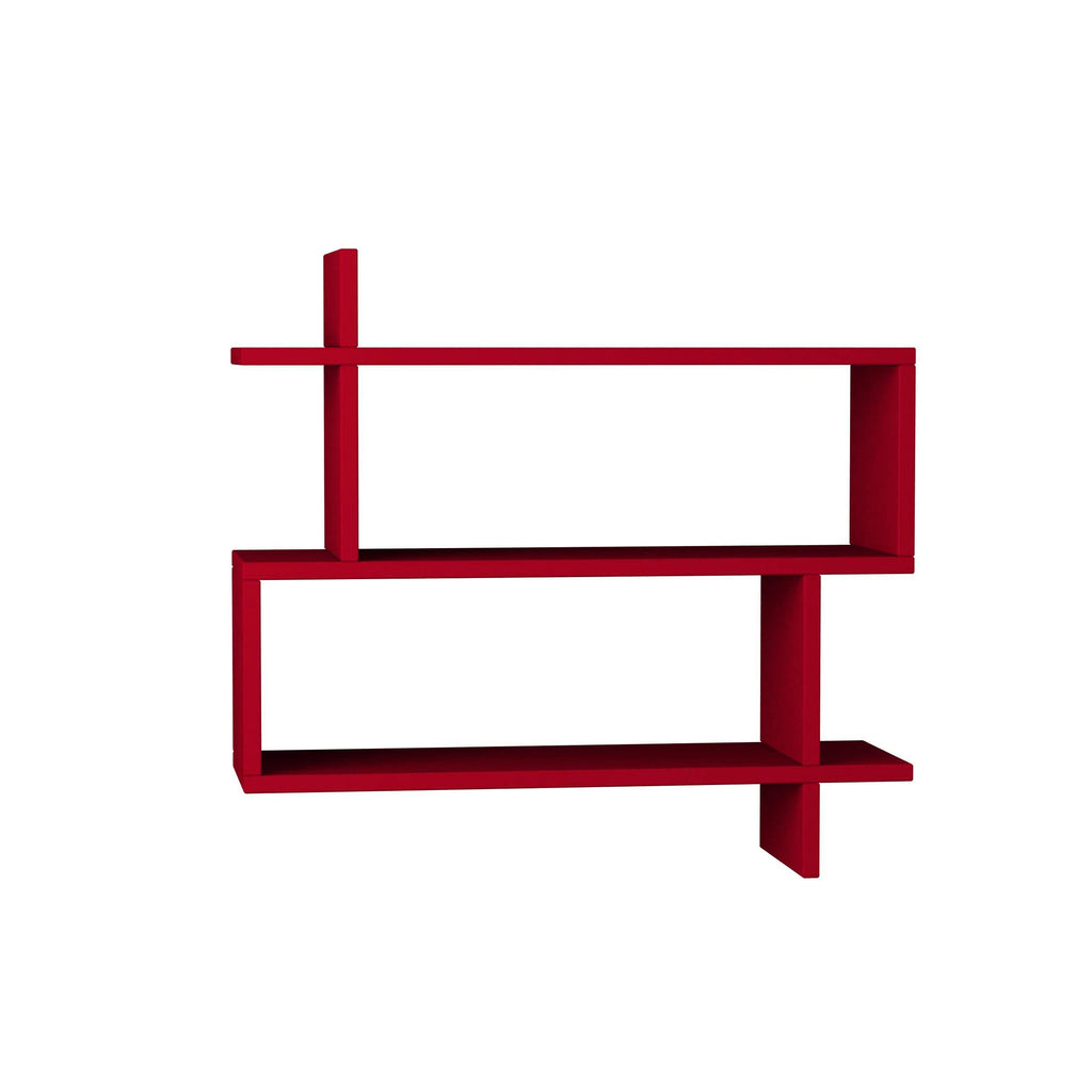 Wall-mounted 2-tier bookcase in burgundy red with stacked open shelves
