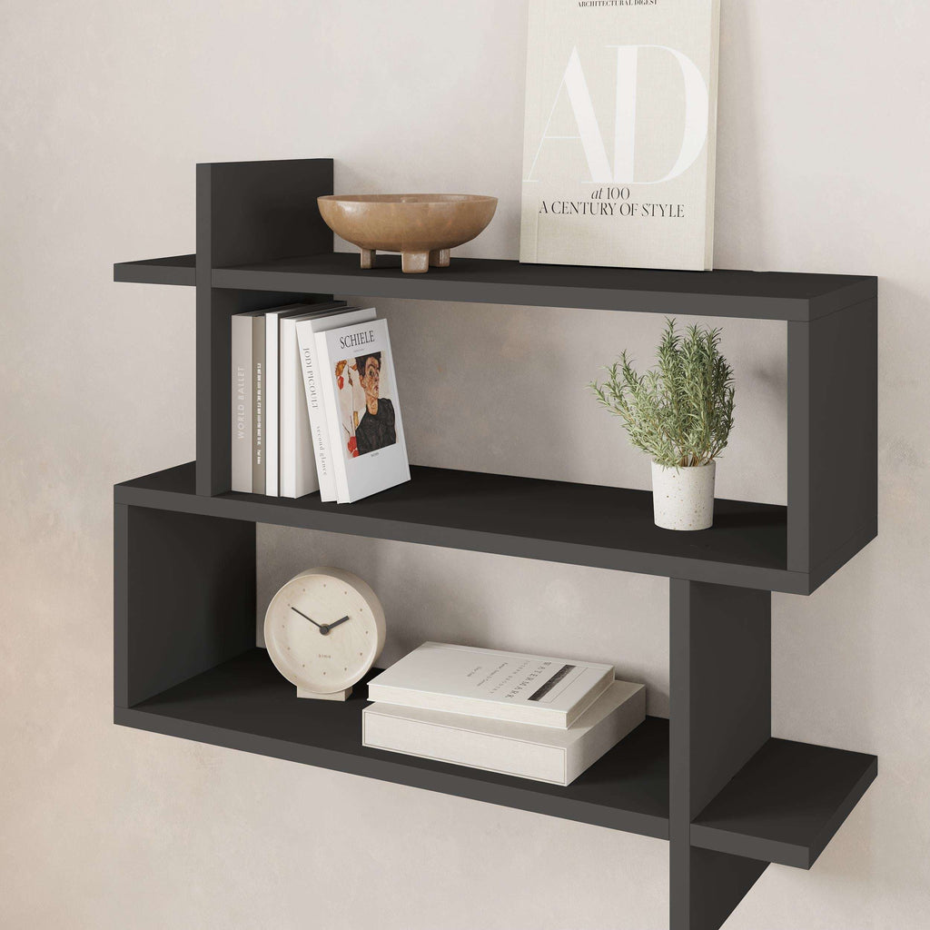 Dark anthracite 2-tier wall mounted bookcase with open cubby shelves, for books and decor