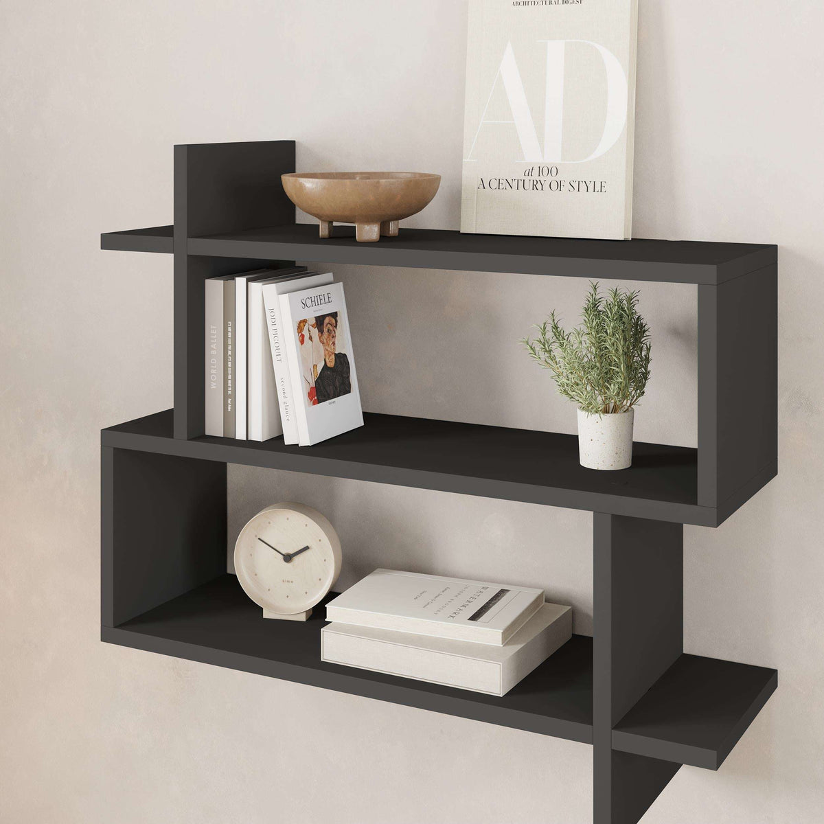 Dark anthracite 2-tier wall mounted bookcase with open cubby shelves, for books and decor