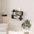 Dark 2-tier wall mounted bookcase with open shelves for books and ornaments