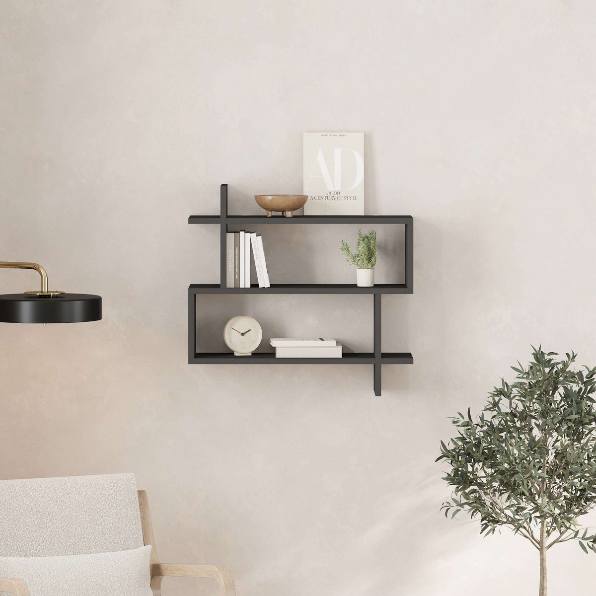Wall-mounted 2-tier bookcase in dark gray with open rectangular shelves