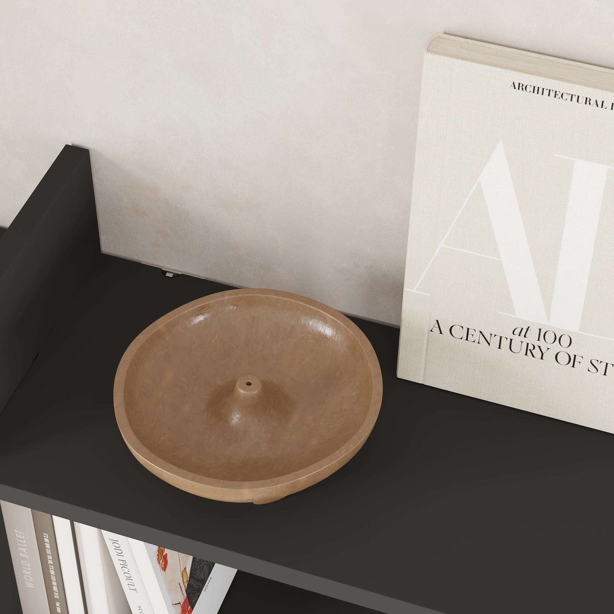 Dark 2-tier wall bookcase shelf with a decorative sink and open storage