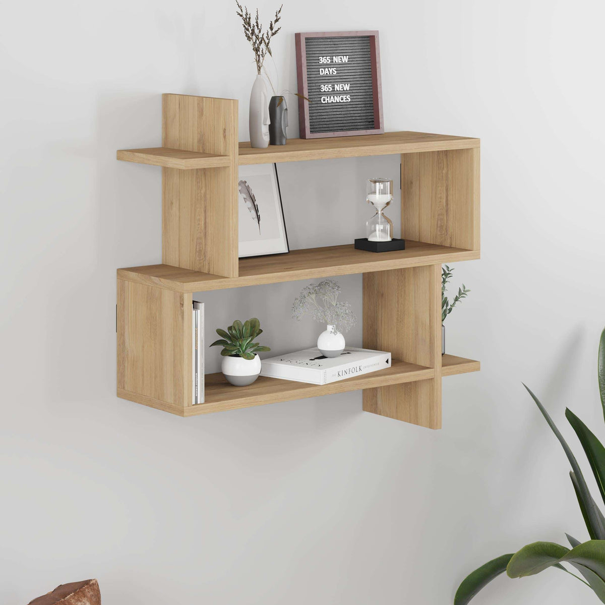 Light oak 2-tier wall mounted bookcase with open cubbies for books and small decor