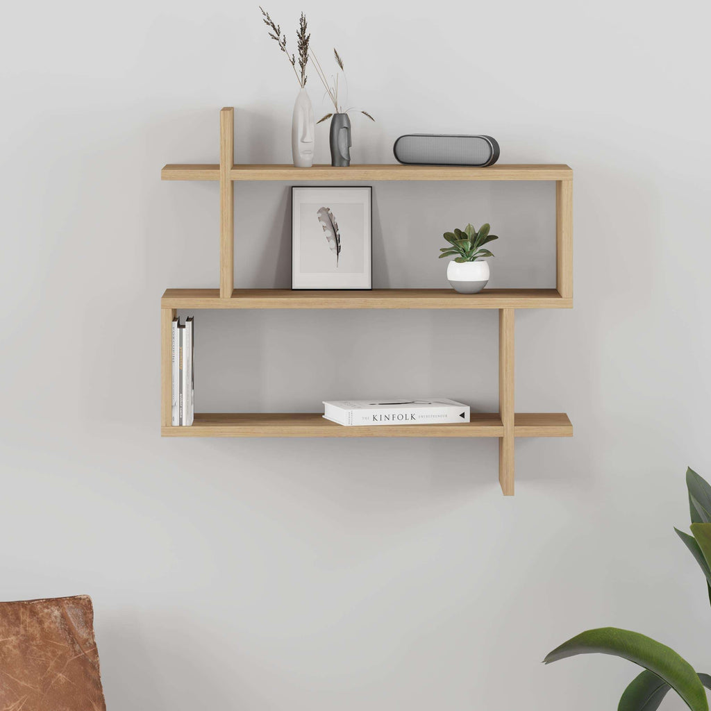 Light oak 2-tier wall mounted bookcase with open cubbies for books, vase, and decor