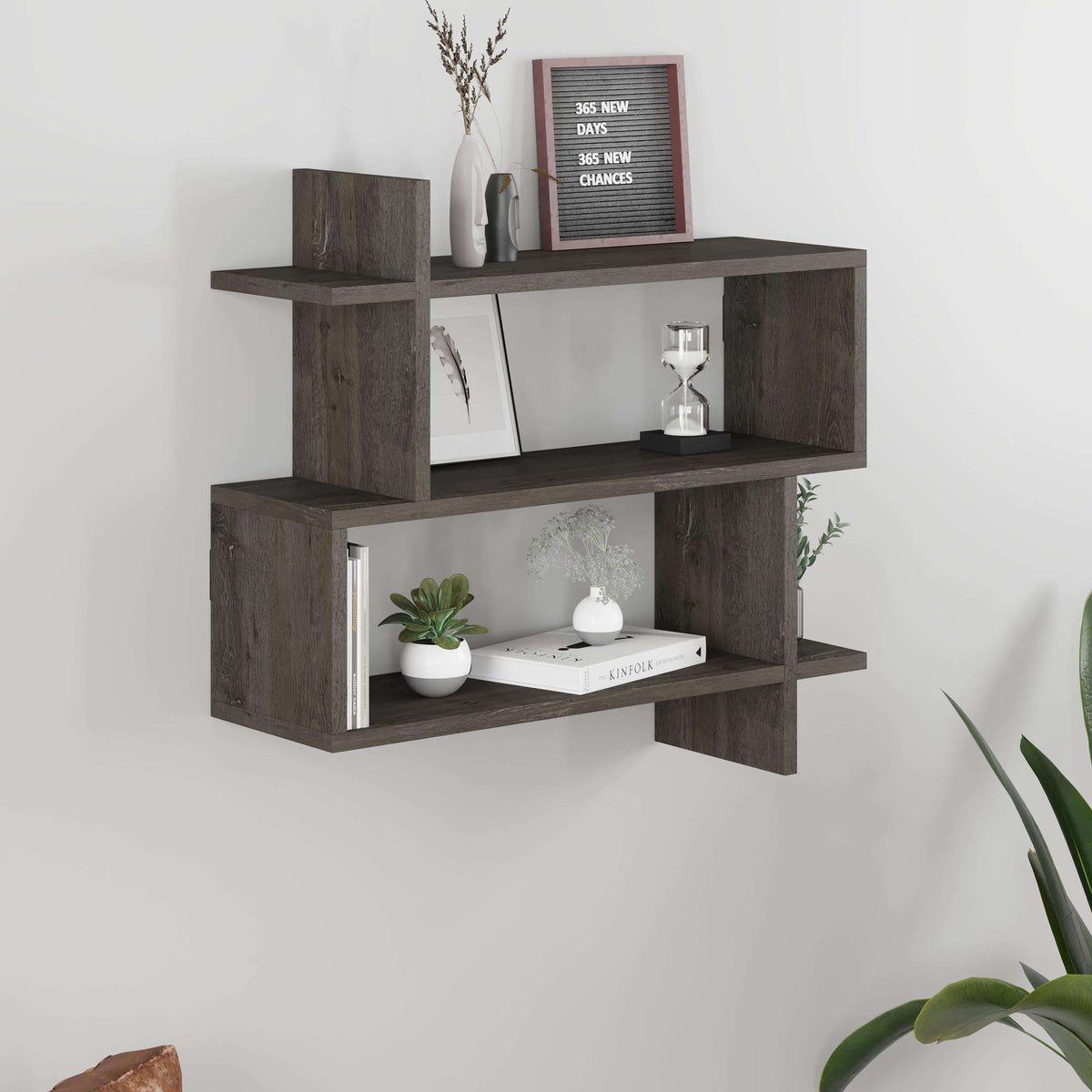 Wall-mounted 2-tier bookcase in dark brown wood-look with three open compartments