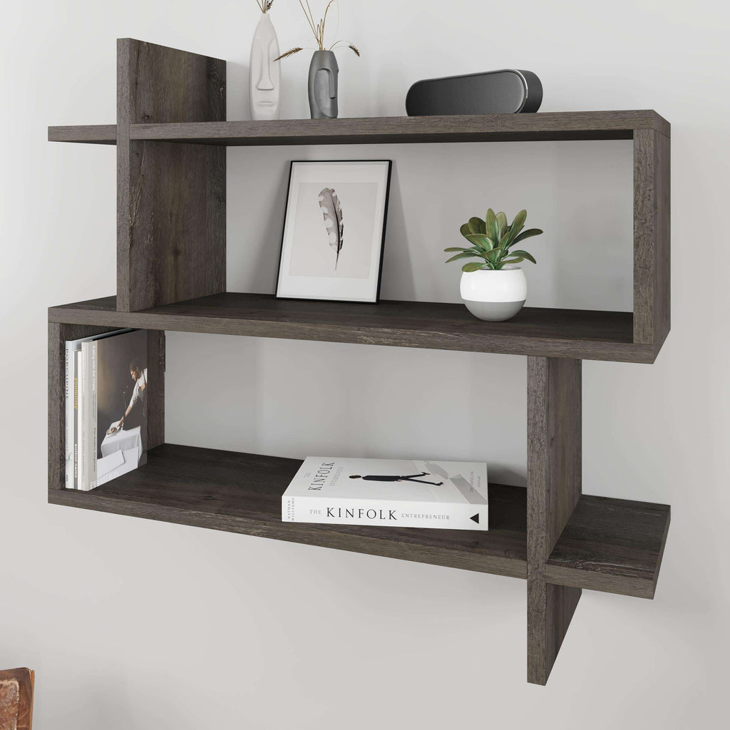 Wall-mounted 2-tier bookcase in dark coffee wood-look with open shelves