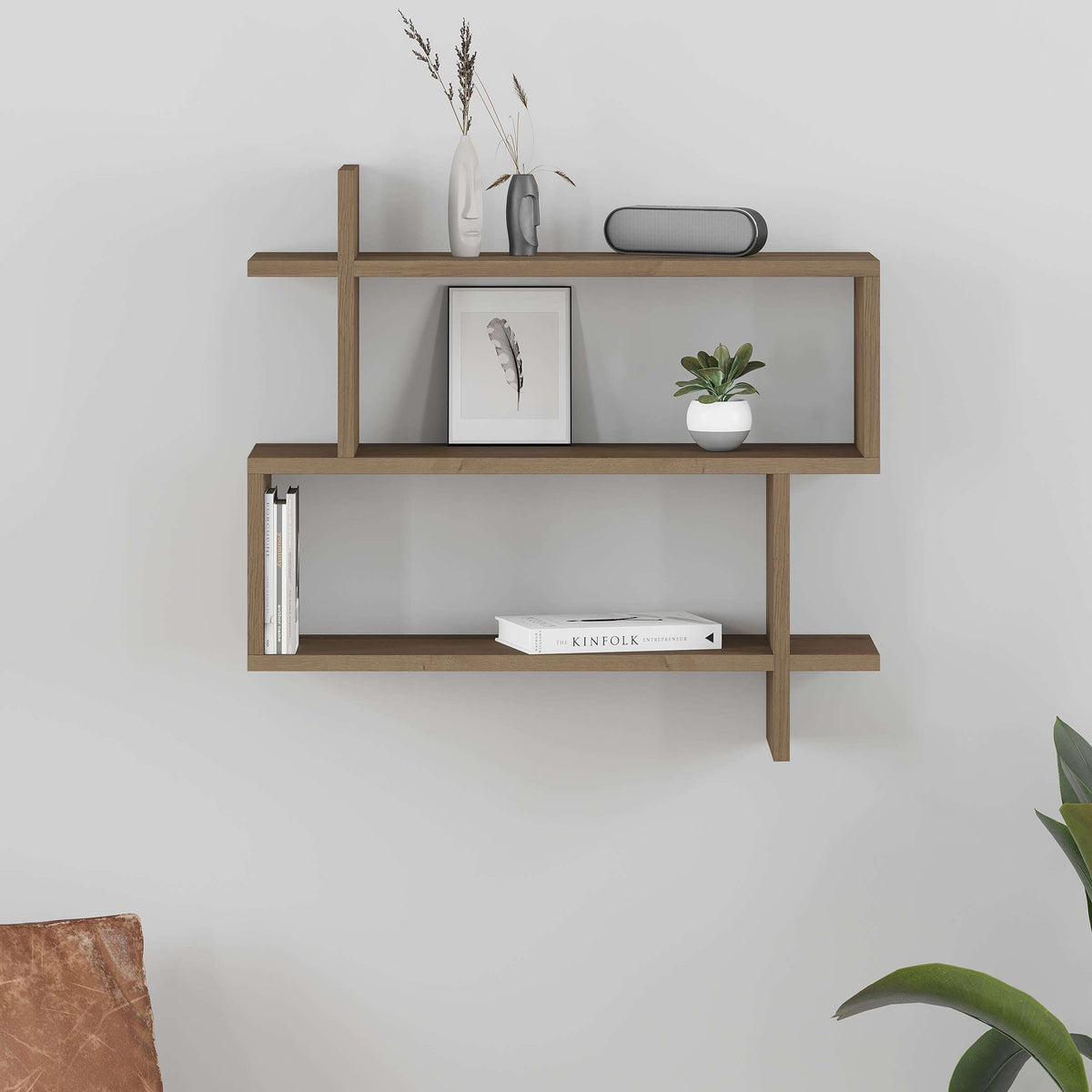 Oak 2-tier wall-mounted bookcase with open shelves and vertical side post