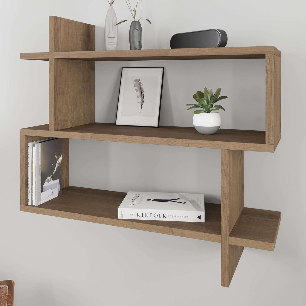 Oak wall bookcase with three open shelves and a centered vertical cross frame