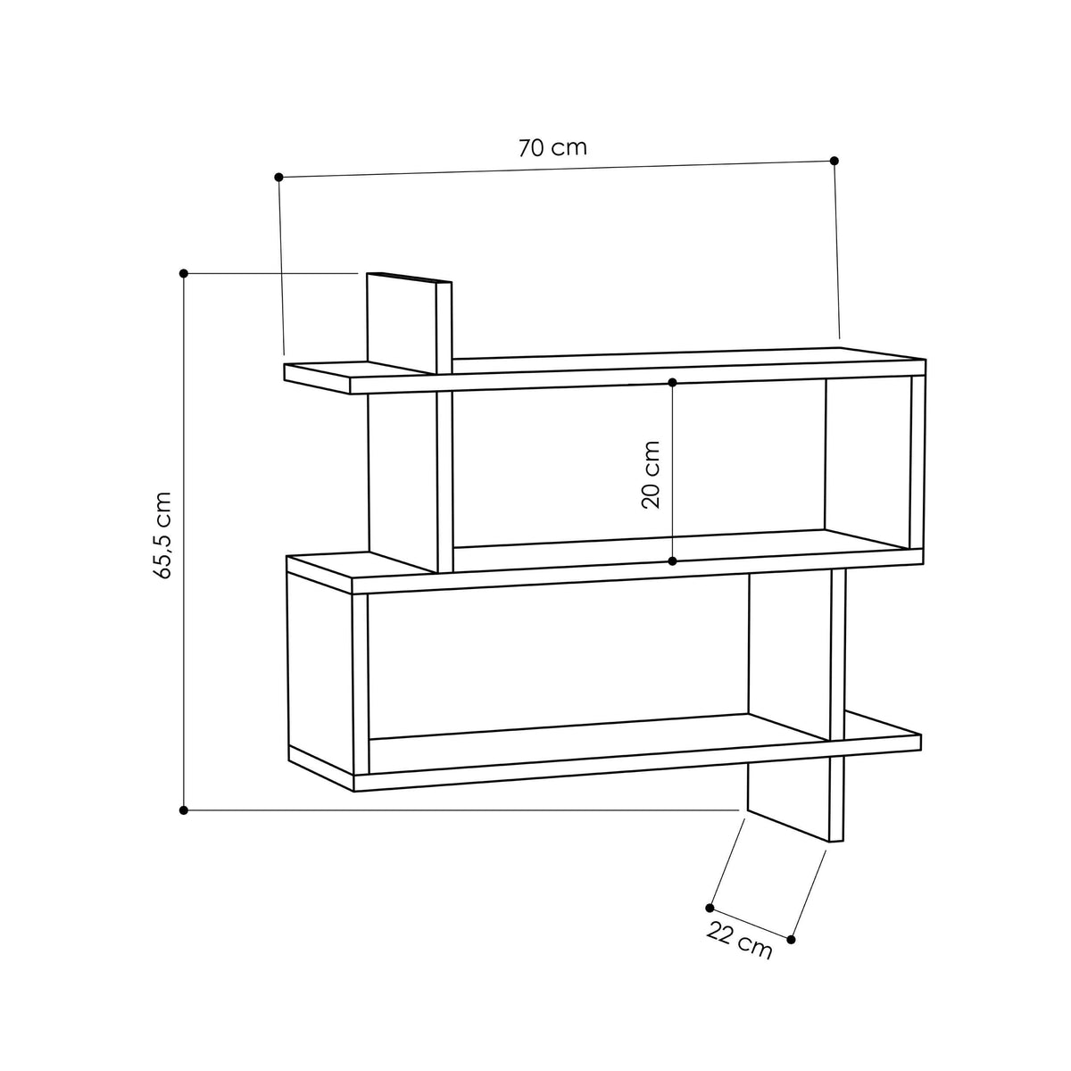 Two-tier wall mounted bookcase dimension diagram, 70 cm wide, 65.5 cm high