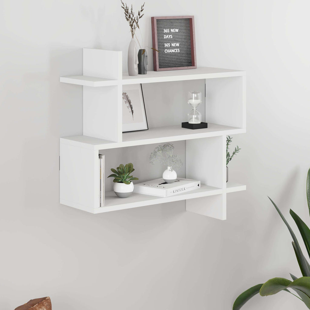White 2-tier wall mounted bookcase with three open cubbies and display shelves