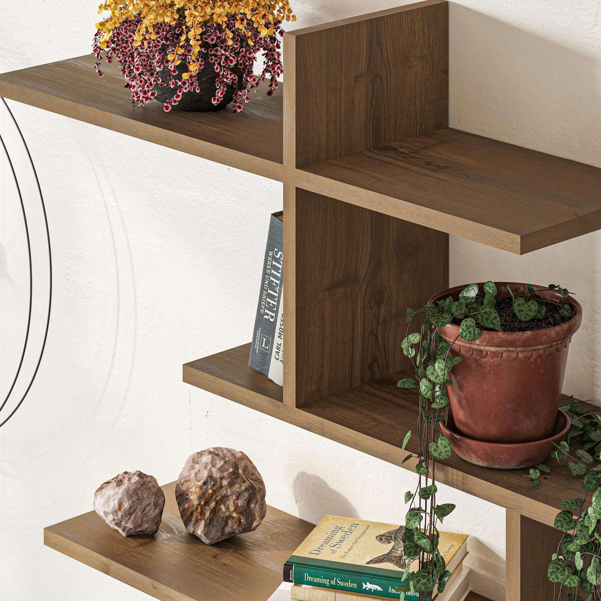 Wood floating wall shelf with multiple tiers and vertical divider panels