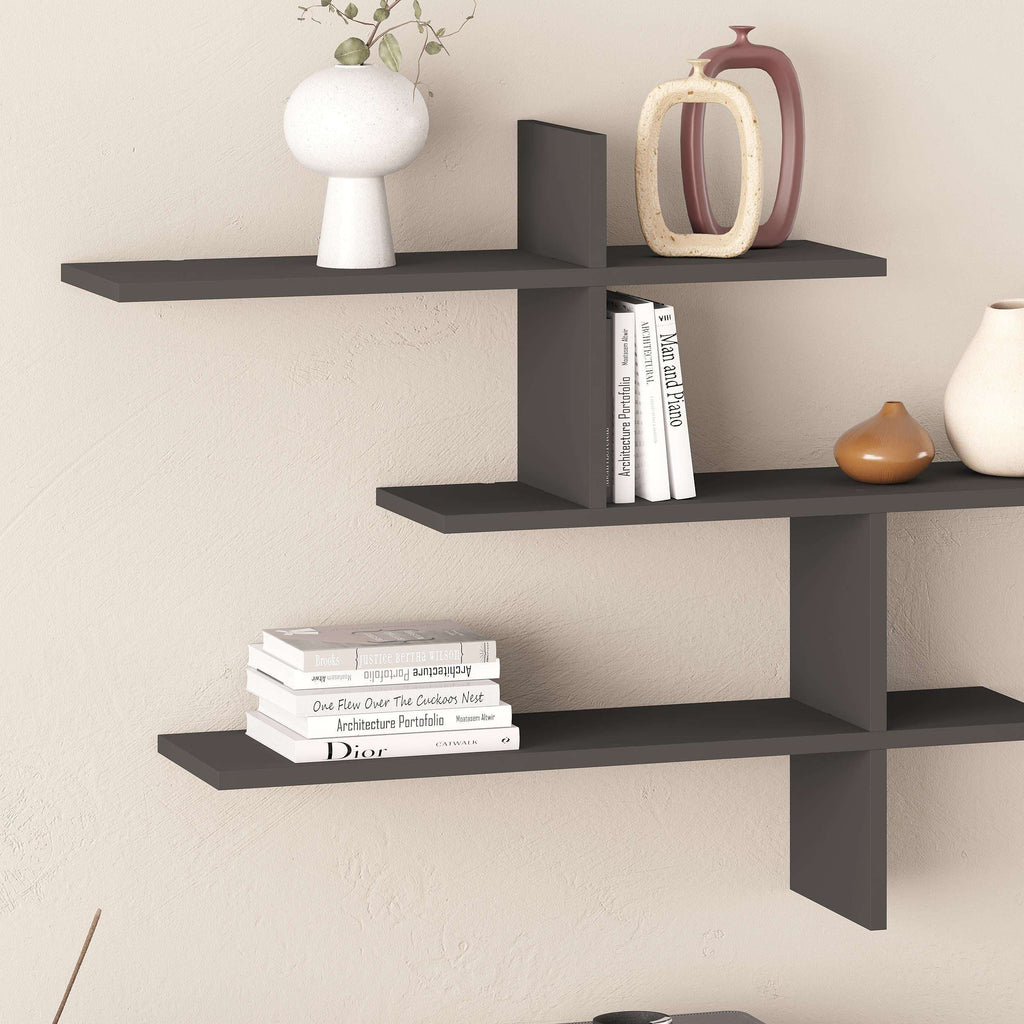 Tall wall-mounted floating shelf set with three tiers, anthracite dark gray finish