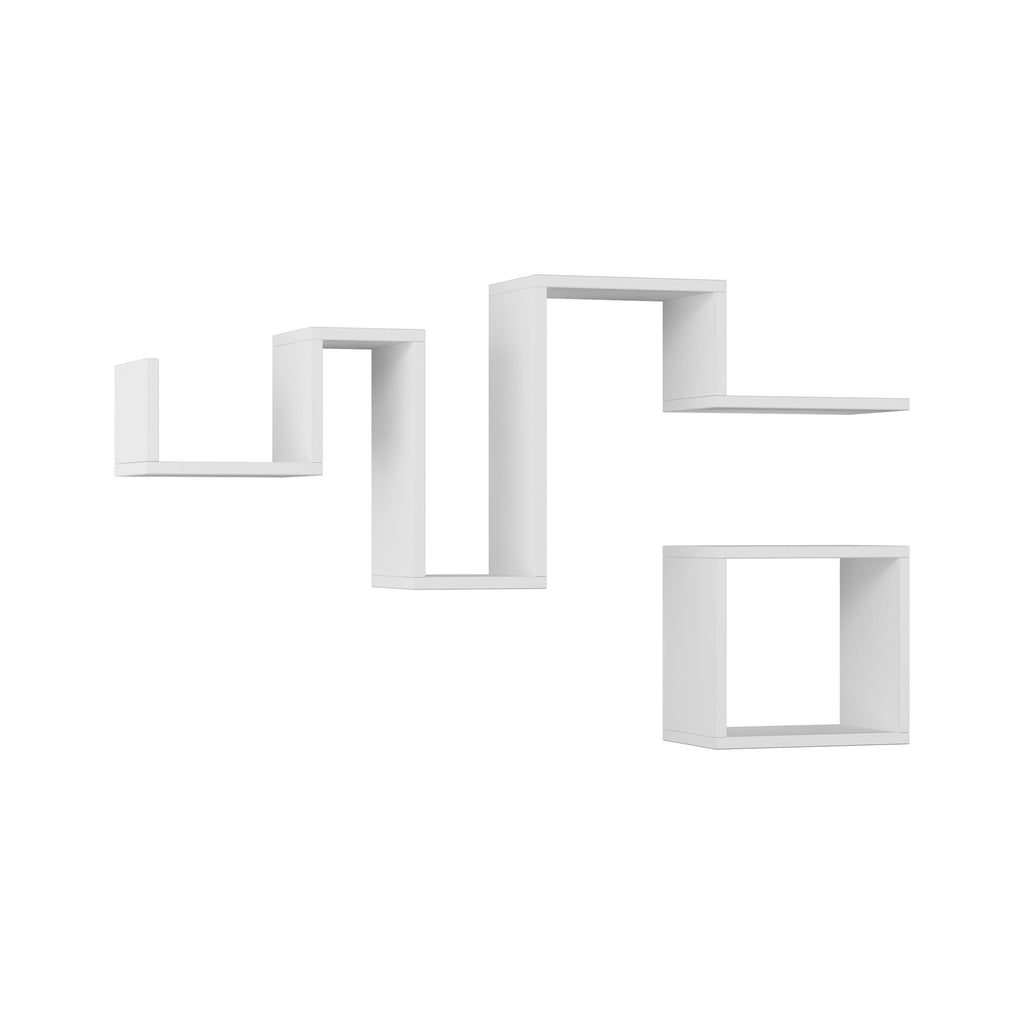 White wall-mounted floating shelf set with staggered L-shaped open compartments