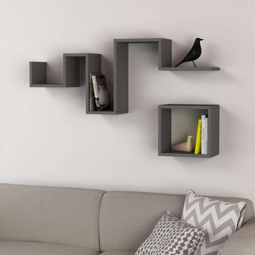Anthracite floating wall shelf with three open compartments and a top ledge