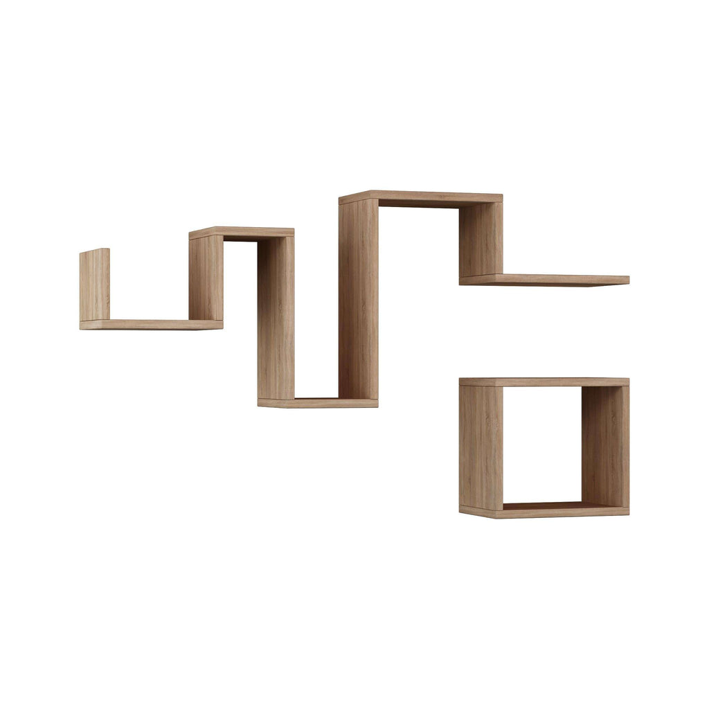 Floating shelf in oak with open geometric compartments, 45cm