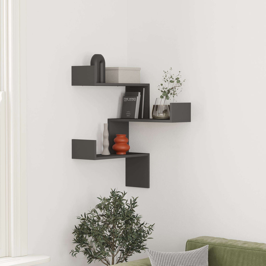 Dark gray corner wall-mounted bookcase with stacked open shelves