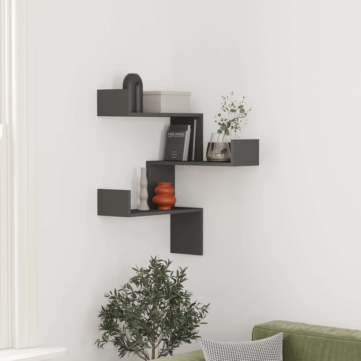 Dark gray corner wall-mounted bookcase with stacked open shelves