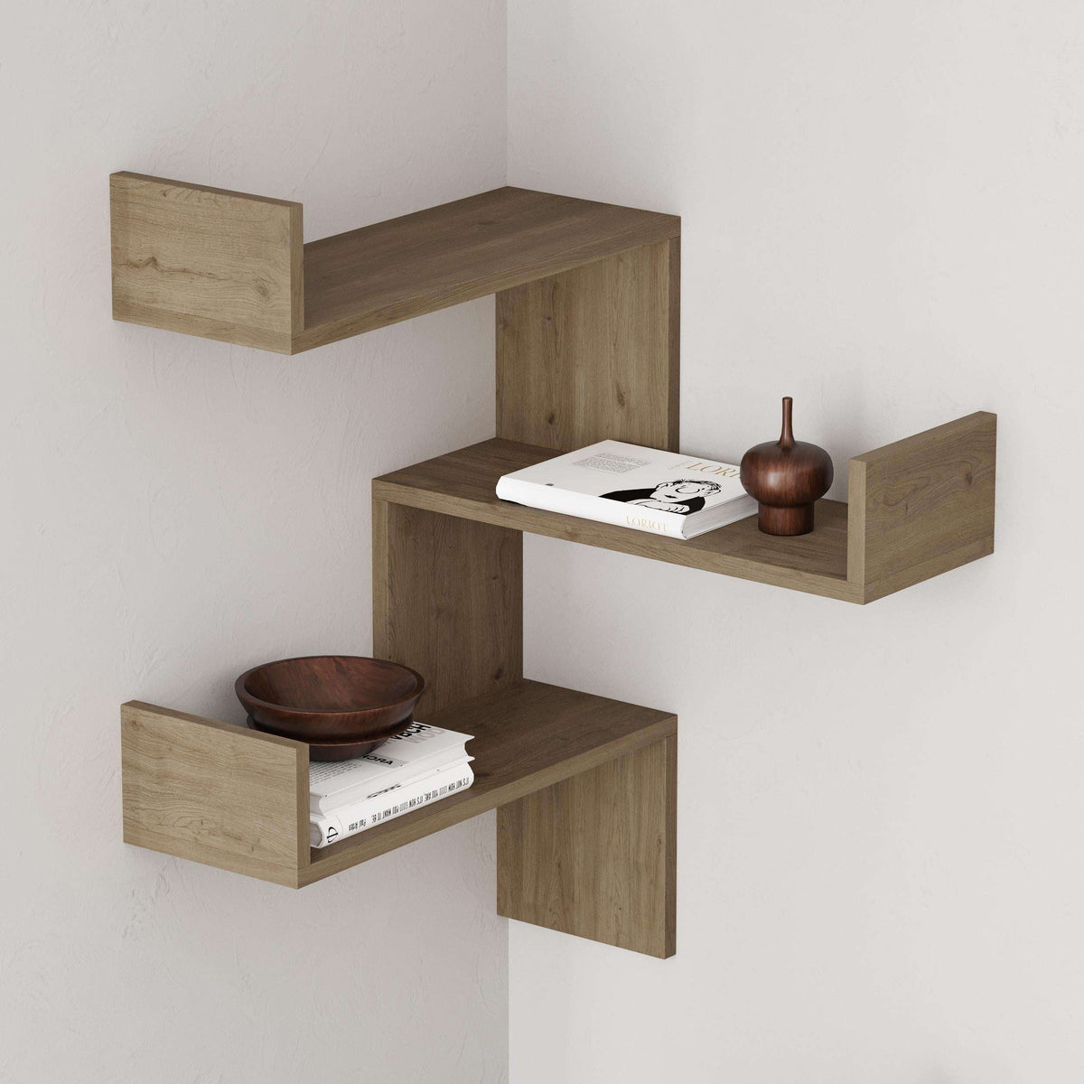 Natural oak corner wall-mounted bookcase with three stepped open shelves