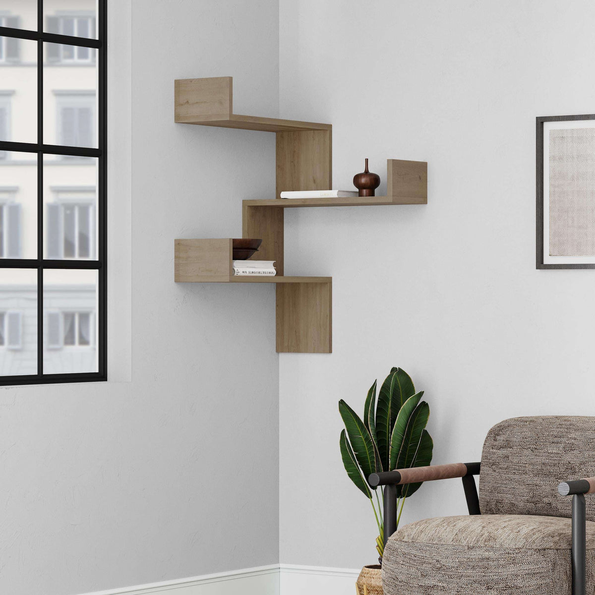 Wall-mounted corner bookcase with oak floating shelves and open cubby compartments