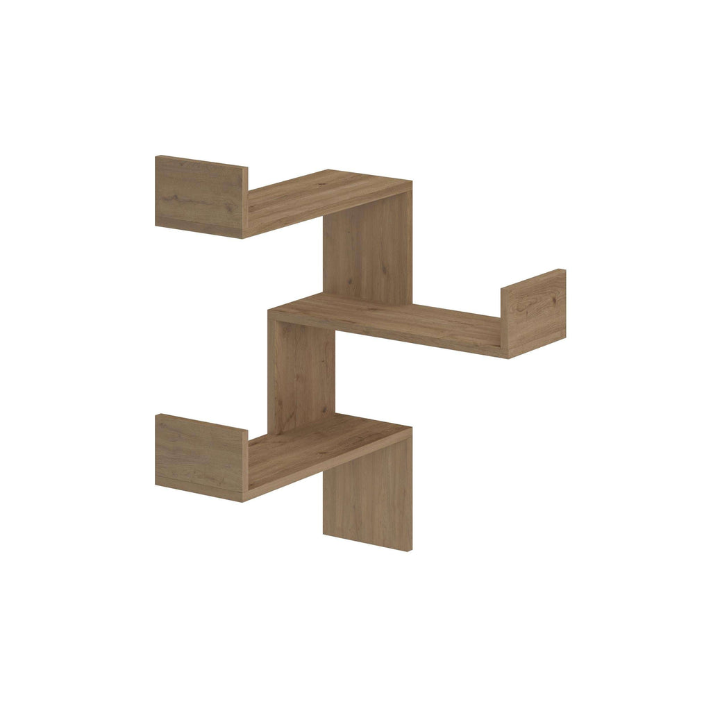 Natural oak corner wall-mounted bookcase with three open tier shelves