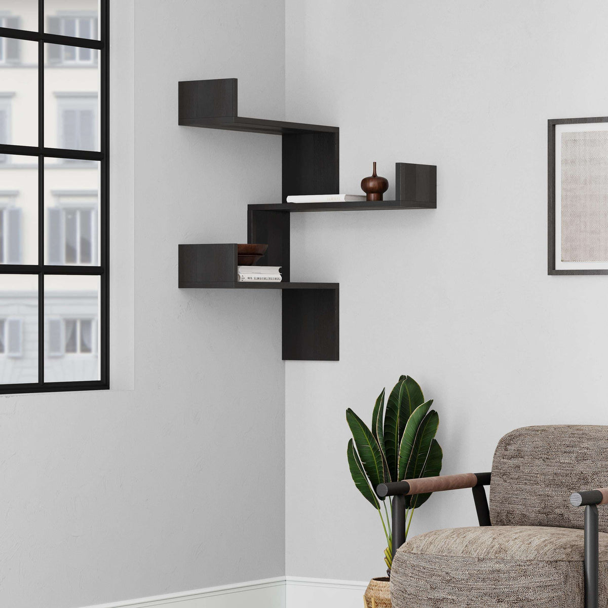 Anthracite corner wall-mounted bookcase with open cube shelves