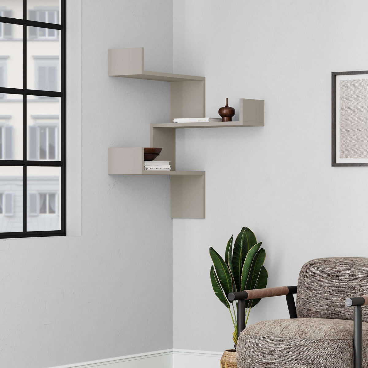 Wall-mounted corner bookcase with pale grey floating shelves and open cubby storage