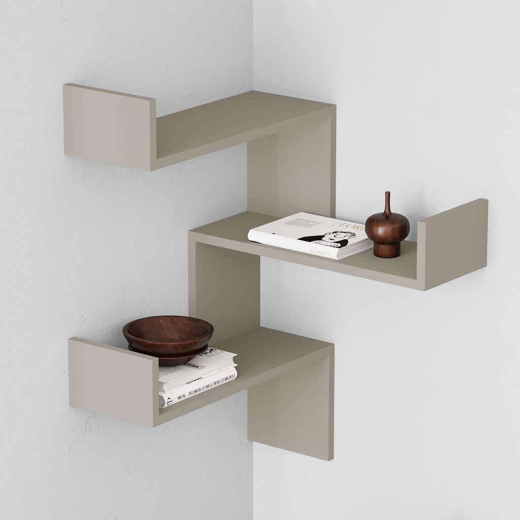Sandstone corner wall mounted bookcase with three floating open shelves