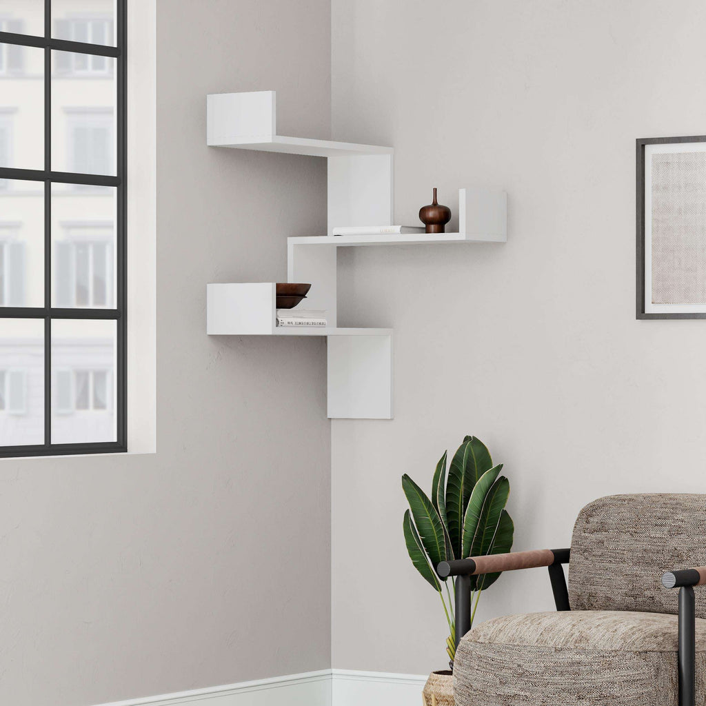 White corner wall bookcase with three stepped open shelves, wall-mounted design