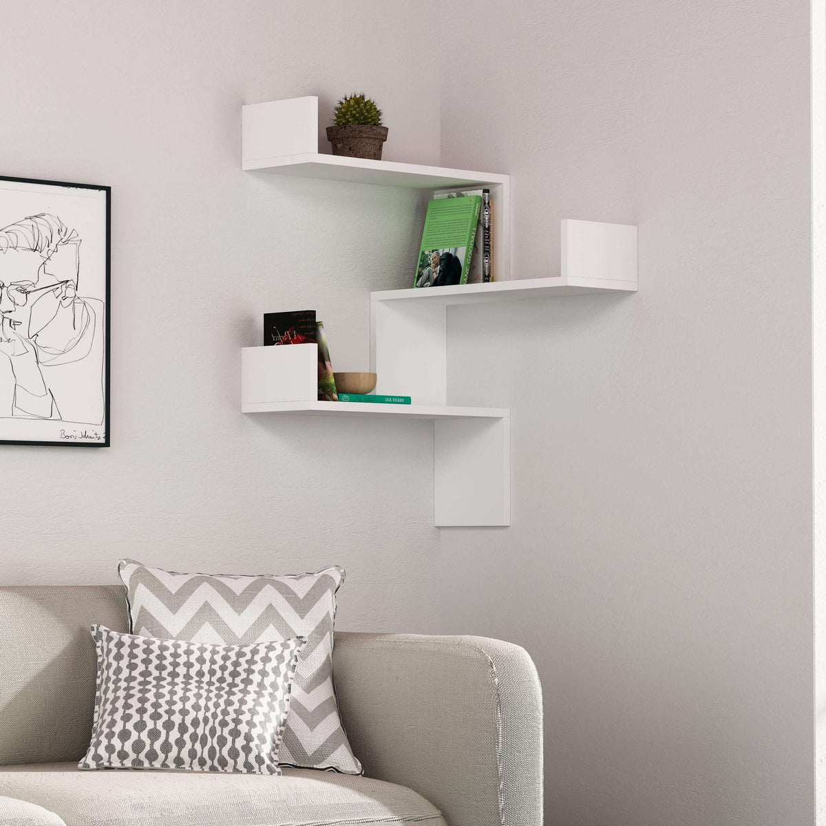 White corner wall bookcase with three stepped open shelves