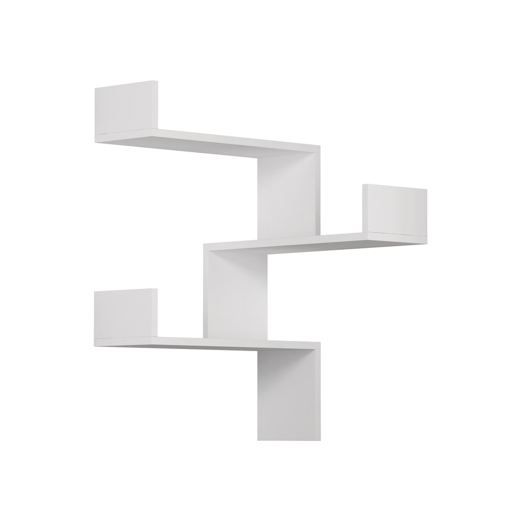 White corner wall-mounted bookcase with three open cubby shelves