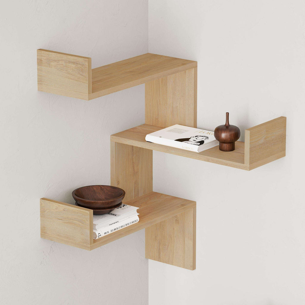 Oak corner wall mounted display bookcase with three open floating shelves