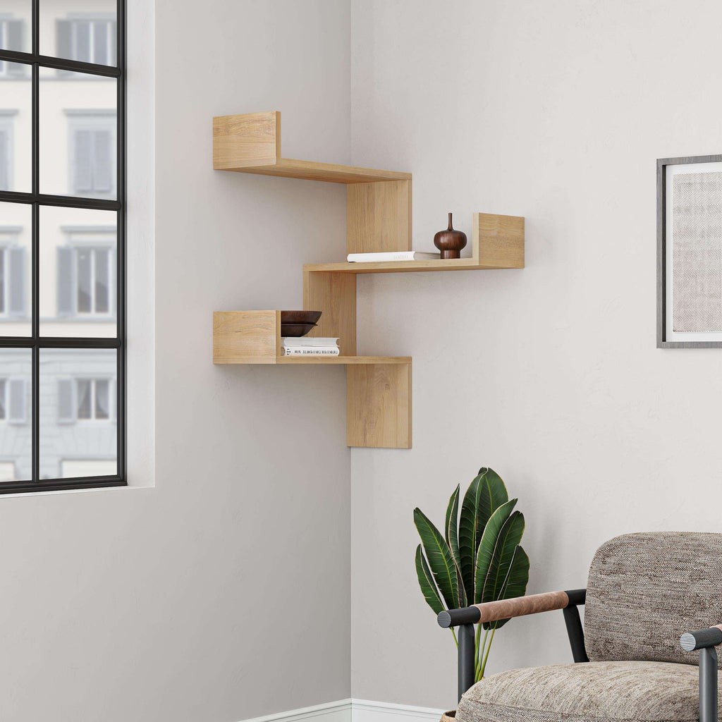 Light oak corner wall-mounted bookcase with open square and bar shelves