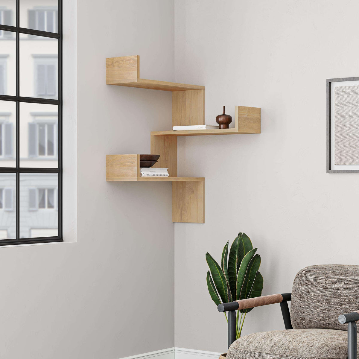 Light oak corner wall-mounted bookcase with open square and bar shelves