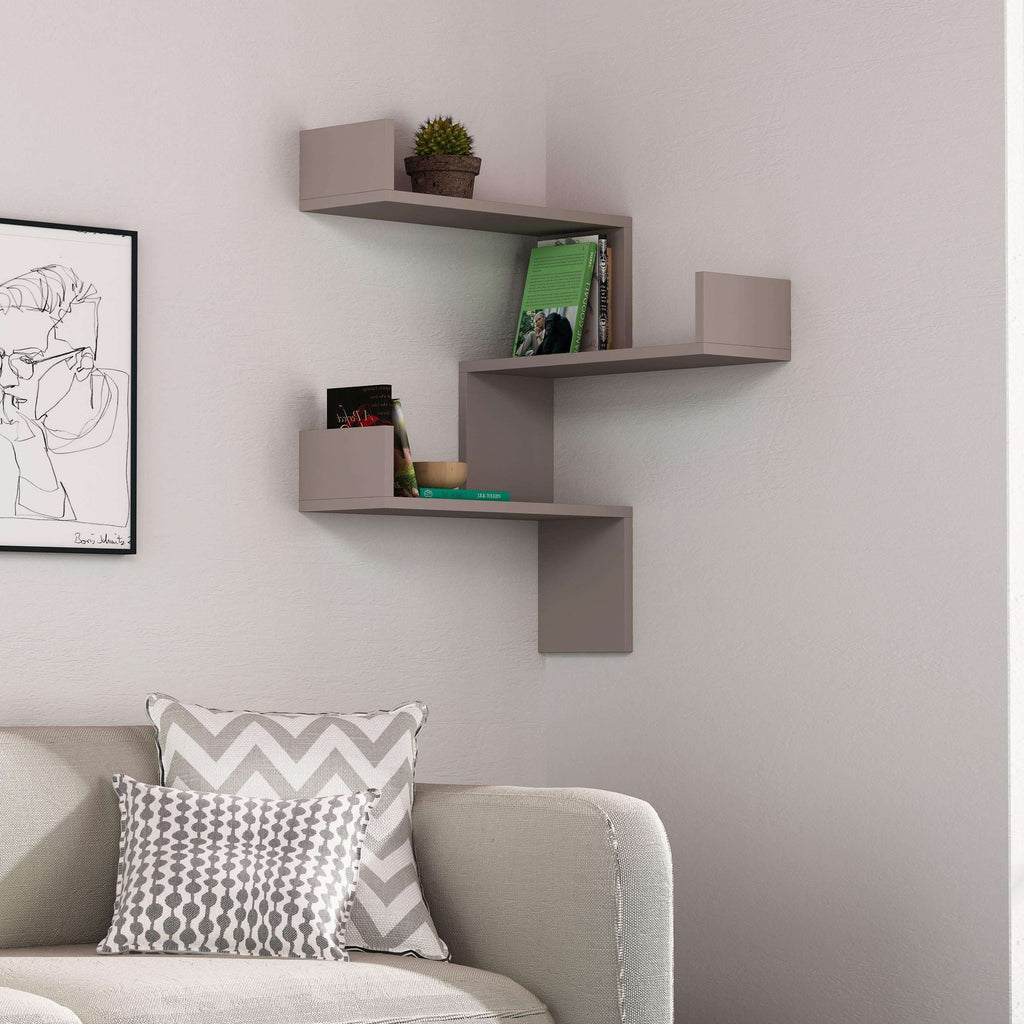 Light mocha corner wall mounted bookcase with three floating open shelves