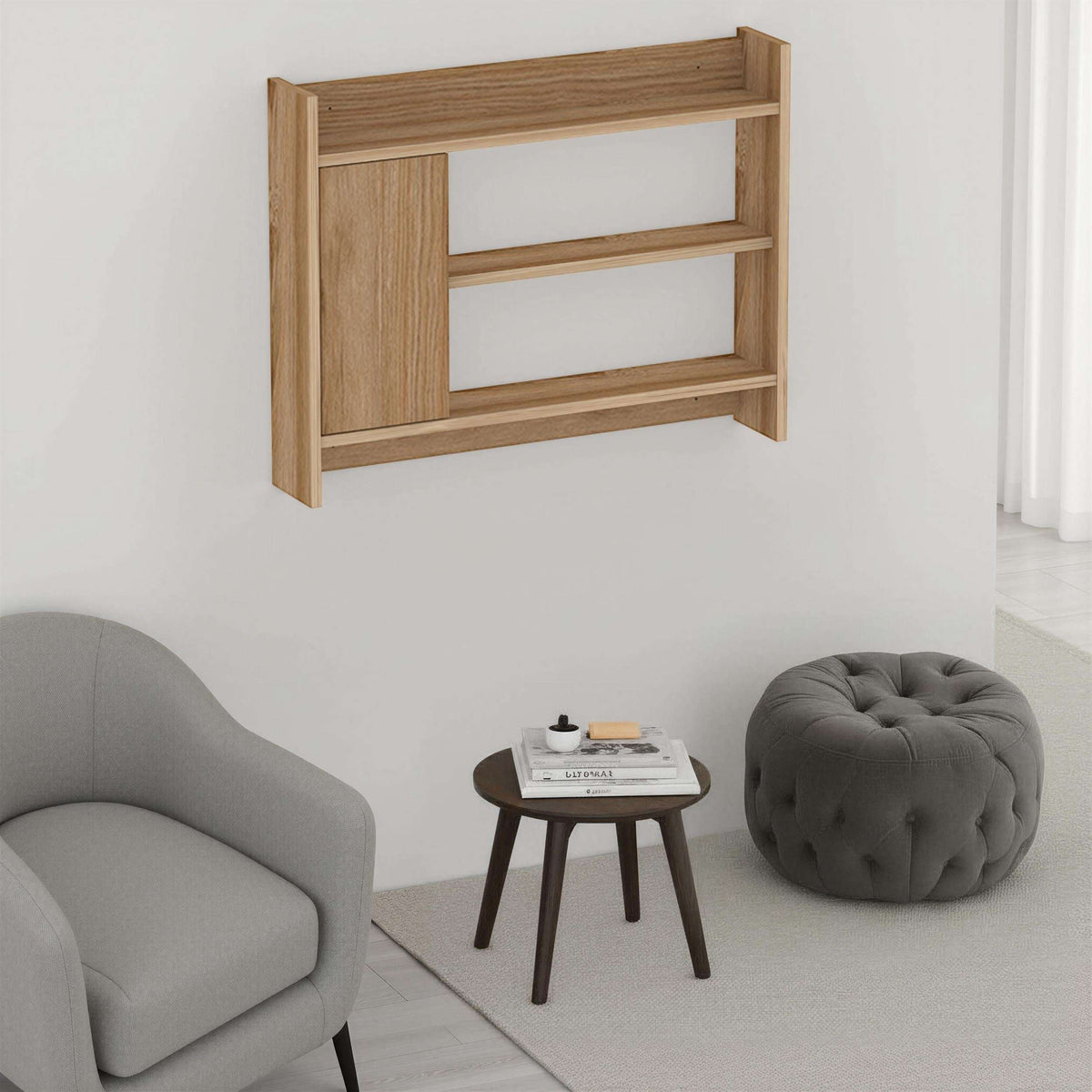 Wood wall shelf cabinet with two open shelves, mounted design