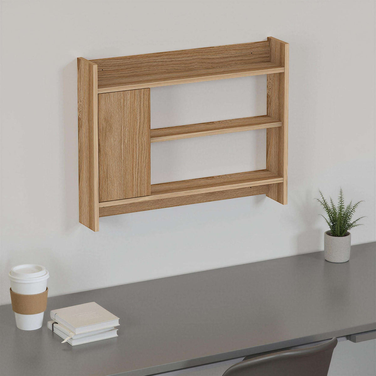 Wood wall-mounted shelf cabinet unit with two open shelves and side panel, deep warm tone