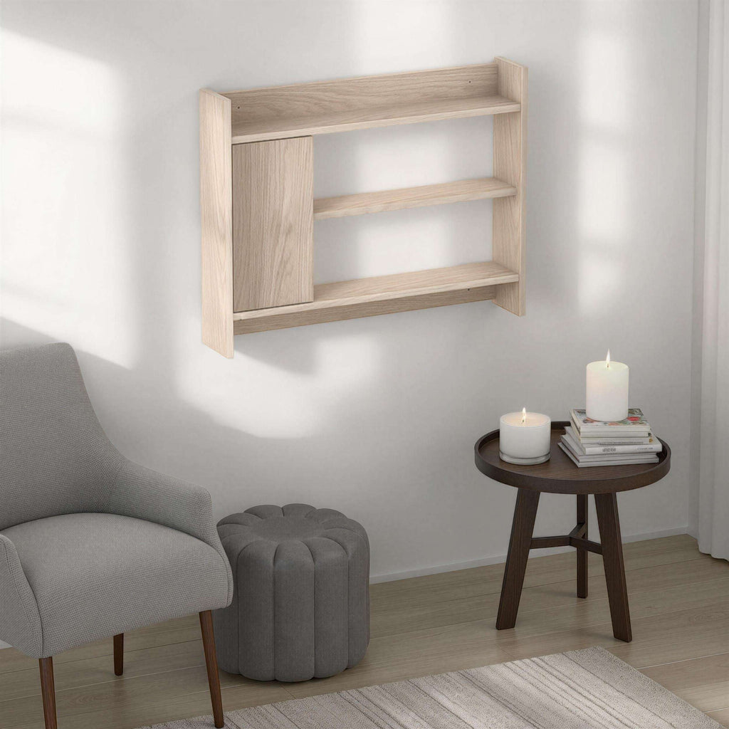 Wall-mounted shelf unit with cabinet panel and three open shelves in light wood finish