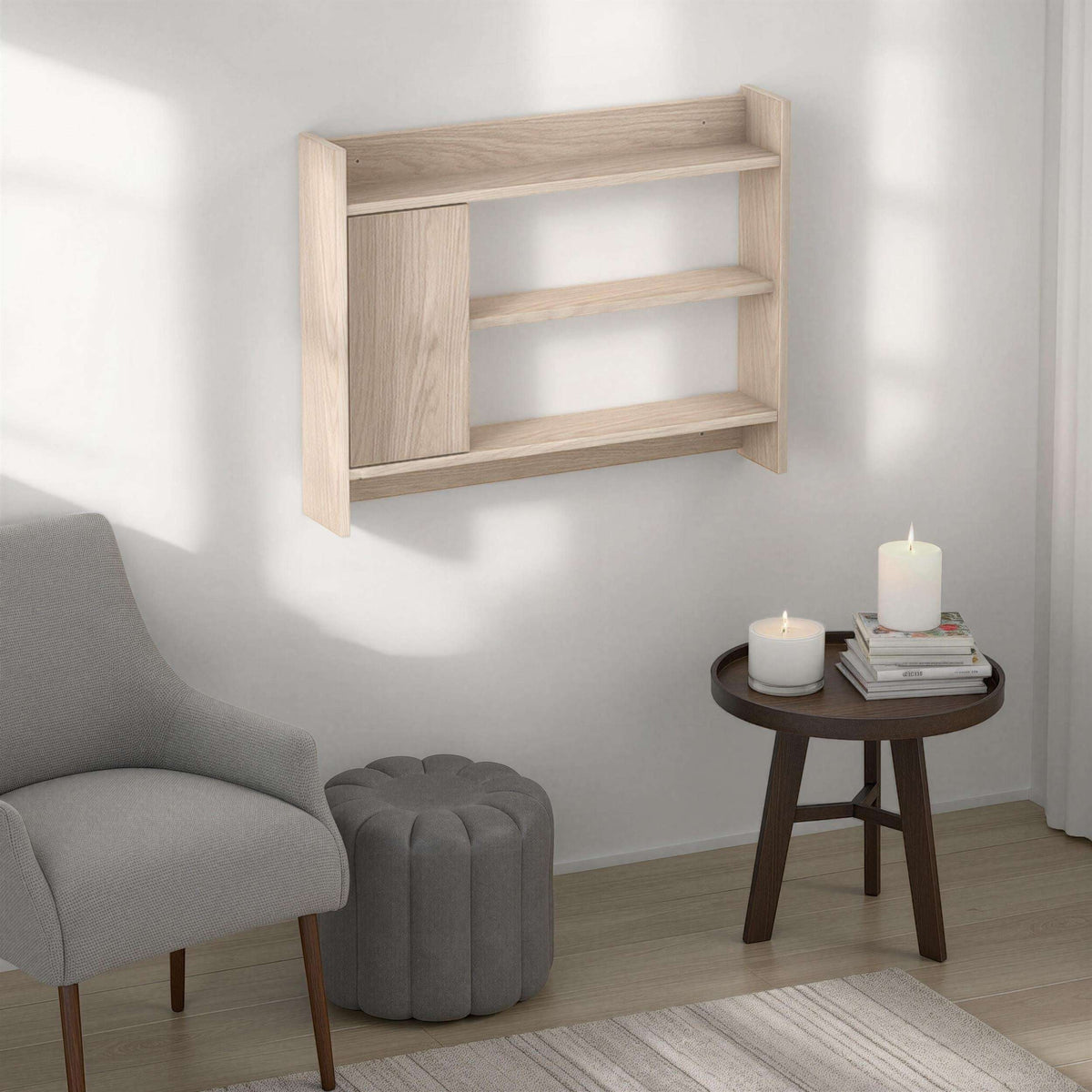 Wall-mounted shelf unit with cabinet panel and three open shelves in light wood finish