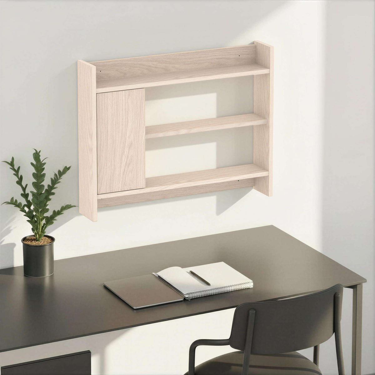 Light wood wall shelf cabinet with two open compartments and integrated back panel