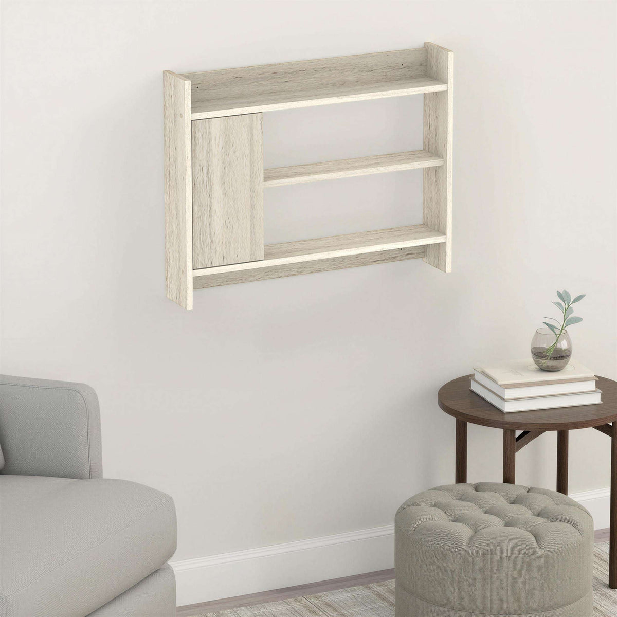 Wall-mounted shelf unit with cabinet panel and three open shelves, pale wood finish