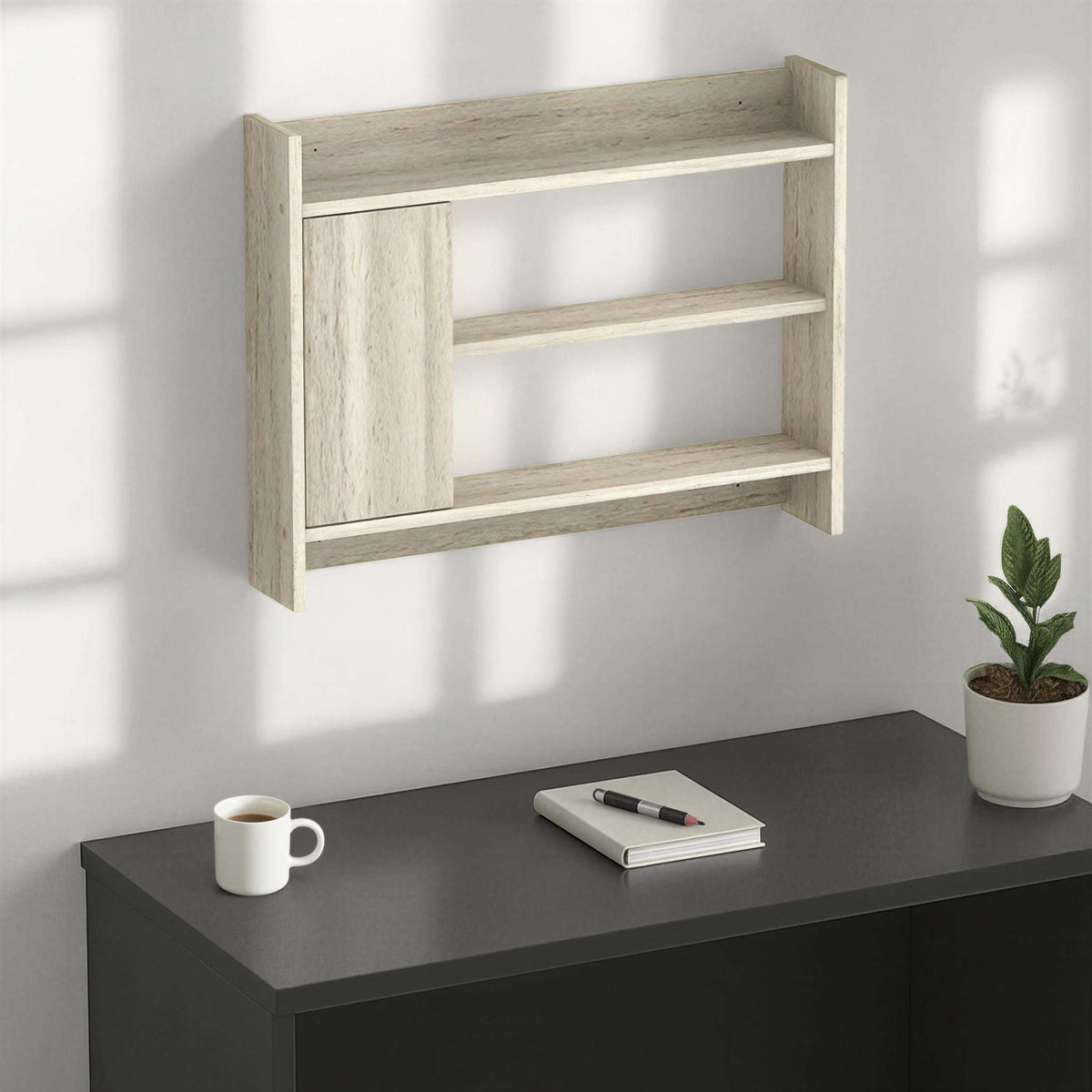Light wood wall-mounted shelf cabinet with two open shelves and solid side panels