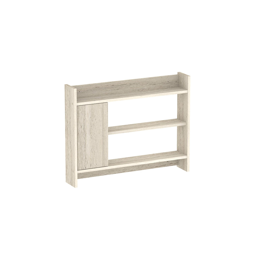 Wall shelf unit with cabinet panel and three open shelves, light wood finish