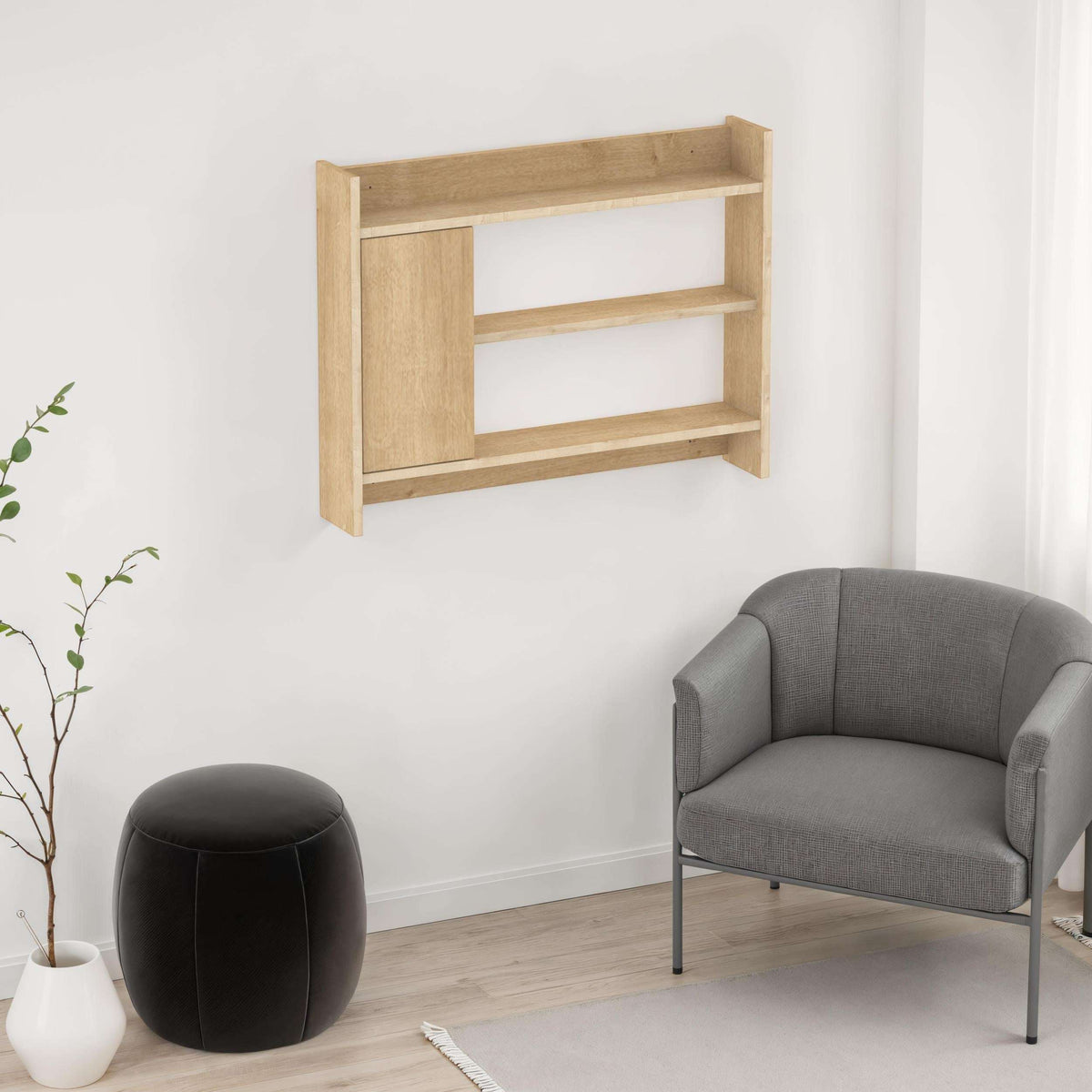 Wall-mounted shelf unit with cabinet panel and three open shelves in light wood