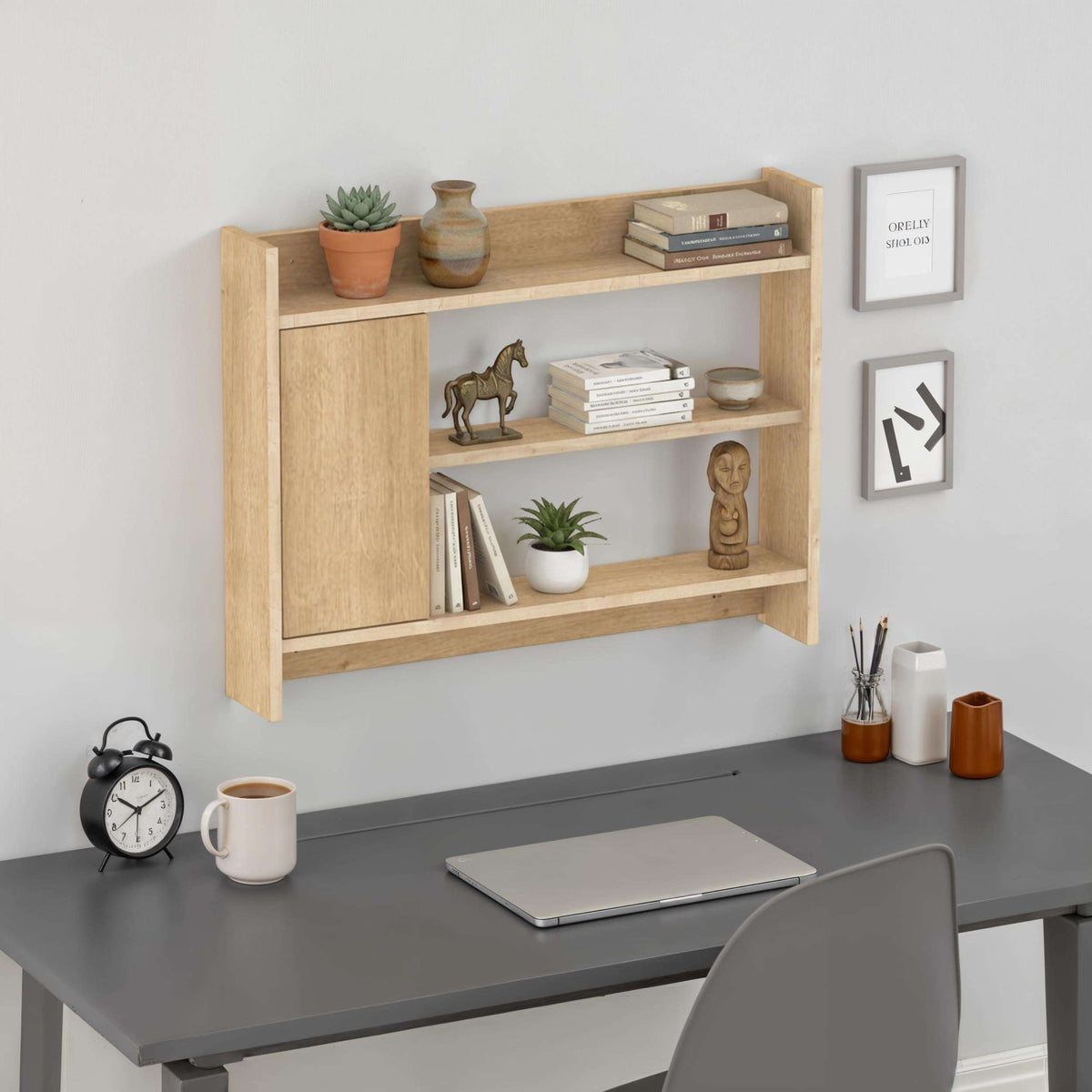 Wood wall shelf cabinet with two open shelves for display, mounted unit