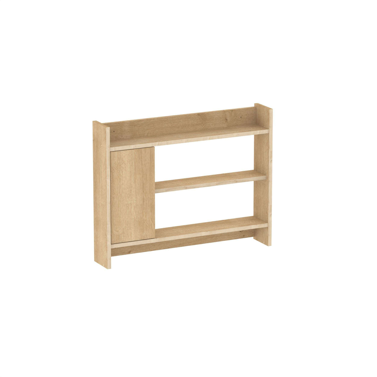 Wall shelf with cabinet panel and three open shelves, warm light wood finish