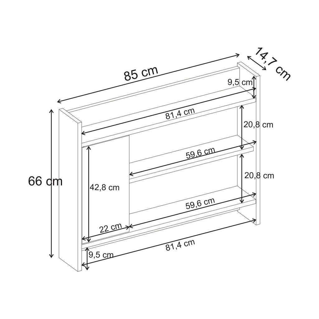 Wall shelf cabinet dimensions diagram with 85 cm width and 66 cm height